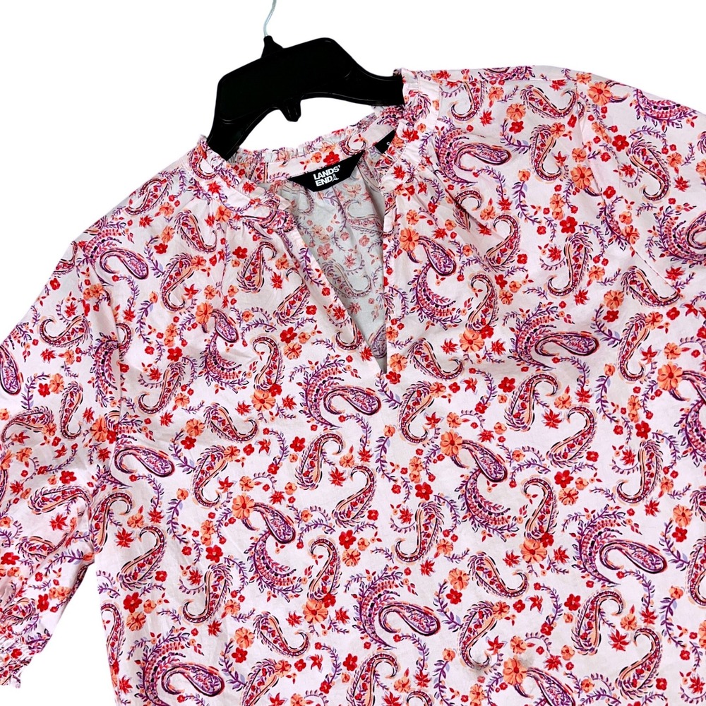 Lands End Paisley Floral Blouse Womens S 6-8 Split Neck Puff Sleeve Casual Top